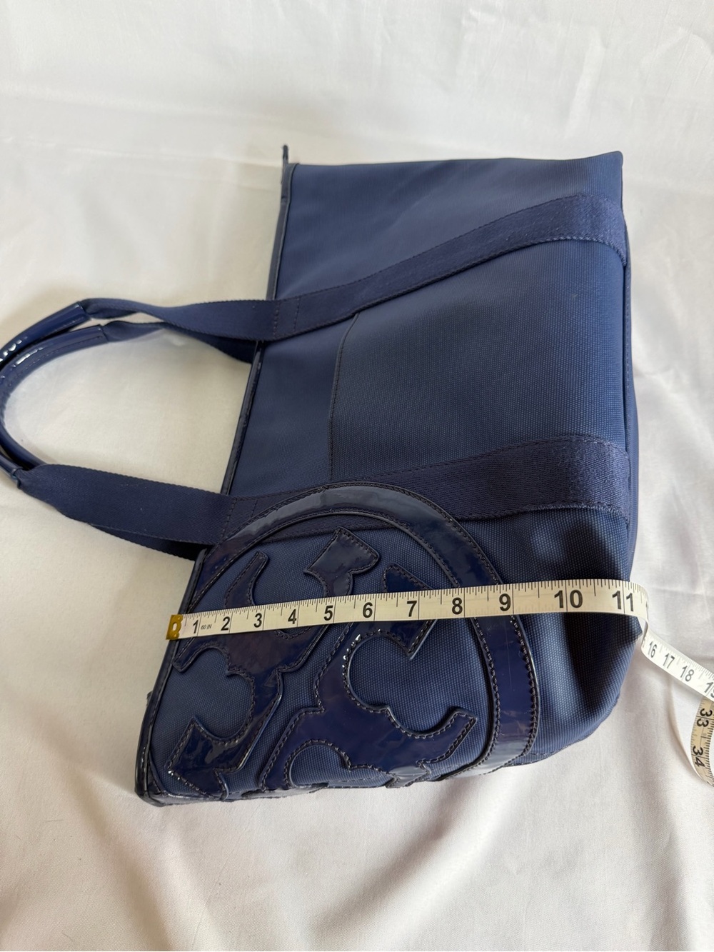 Tory Burch Navy Tote with Patent Logo Detail - Picture 9 of 10